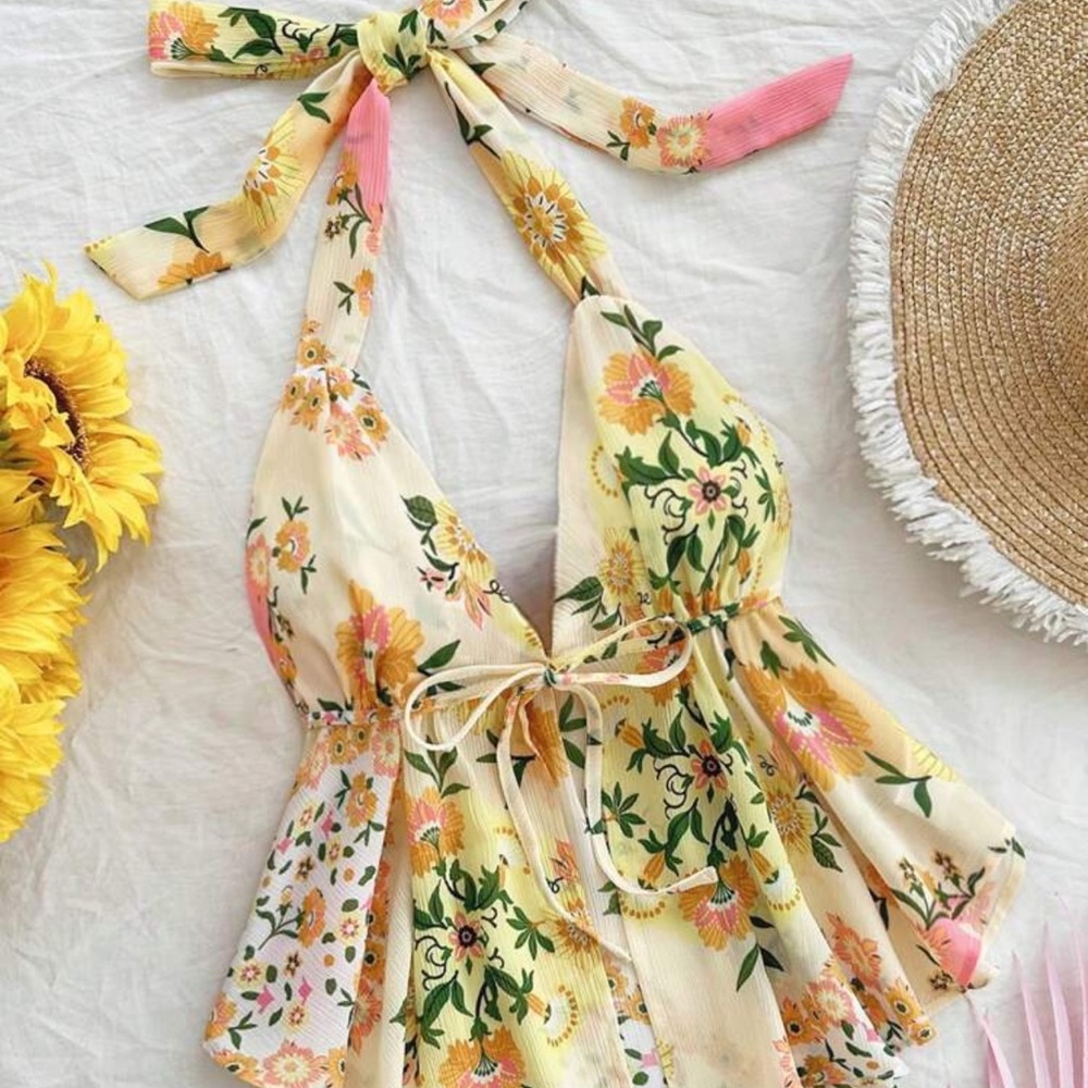 Floral Halter Top with Yellow and Pink Accents